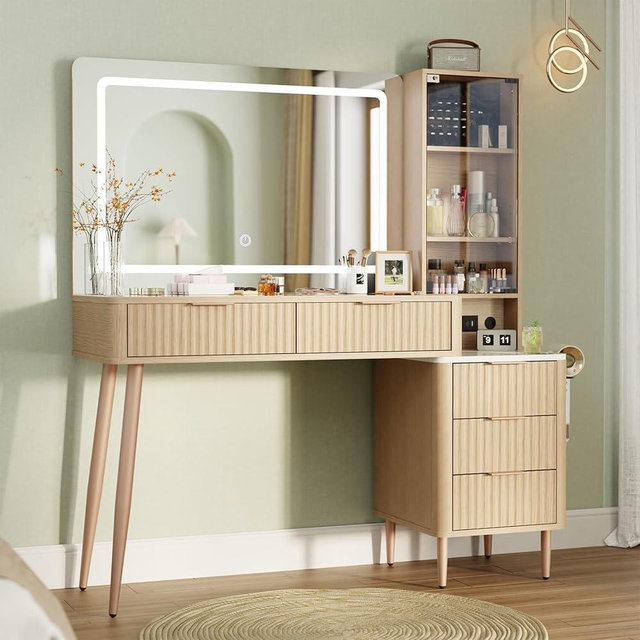 MODNEST 48" Vanity Desk with Mirror and Lights, Fluted Makeup Vanity Desk with 5 Drawers and Shelves, Dressing Table with Clear Glass Top for Bedroom, 48"x15.7"x53.5"，Oak Color
