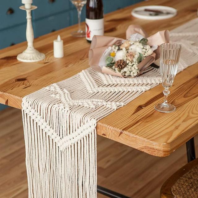 Mkono Macrame Table Runner Woven Wedding Table Decor Handmade Boho Table Linen with Tassels Vintage Farmhouse Home Decoration for Dining Room Wedding Kitchen Party Christmas Ornaments, 12 x 80 Inches