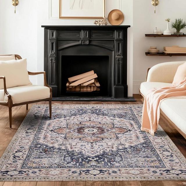 PURRUGS Vintage Farmhouse Boho Area Rug 5x7 ft, Non-Slip Machine Washable Rug, Accent Oriental Rug for Living Room, Dining Room, Bedroom, Entryway and Kitchen, Coral Red/Marine Blue
