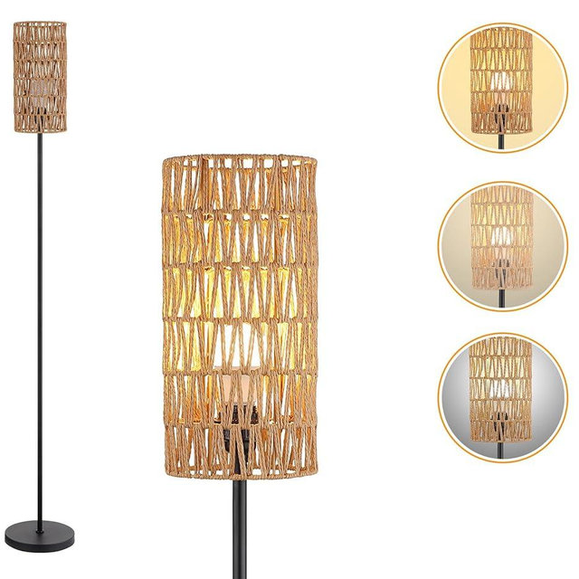 Floor Lamp for Living Room,Farmhouse Rattan Floor lamp,Modern Standing lamp with Hand-Worked Rattan Shade,Black Tall Lamp with Foot Switch