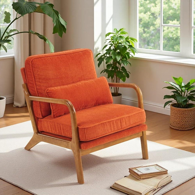 VINGLI Upgraded Premium Corduroy Accent Chair,Upholstered Arm Chair,Solid Wood Comfy Reading Chair with Lumbar Pillow, Mid Century Modern Chairs for Living Room,Bedroom,Burnt Orange