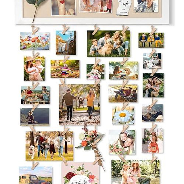 Bikoney Large Collage Picture Frame with Bulletin Board, Hanging Photo Display for Multiple Pictures, Wall Photo Organizer with 30 Clips & 6 Pushpins, Self Adhesive Hooks – No Drill Wood Photo Board for Room Decor