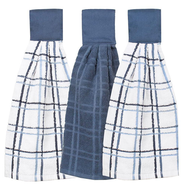 Ritz Premium 100% Cotton Solid and Multi Check Kitchen Tie Towel Absorbent, Super Soft, and Fast Drying Hang Towel, Set of Three, Federal Blue
