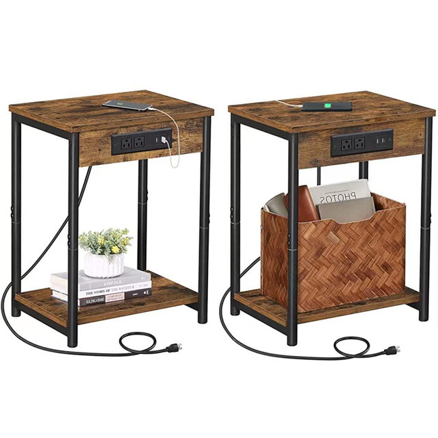 TUTOTAK End Table with Charging Station, Set of 2 Side Table with 2 USB Ports and 2 Outlets, 21.8”H 2-Tier Nightstand with Storage Shelf, Sofa Table for Living Room, Bed Room, Rustic Brown TB01BB029