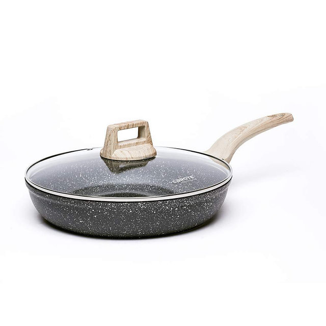 Carote 10" Non-stick Frying Pan Skillet with Glass Lid,Stone Cookware Granite Coating from Switzerland,Black(Gift Wooden Turner)…