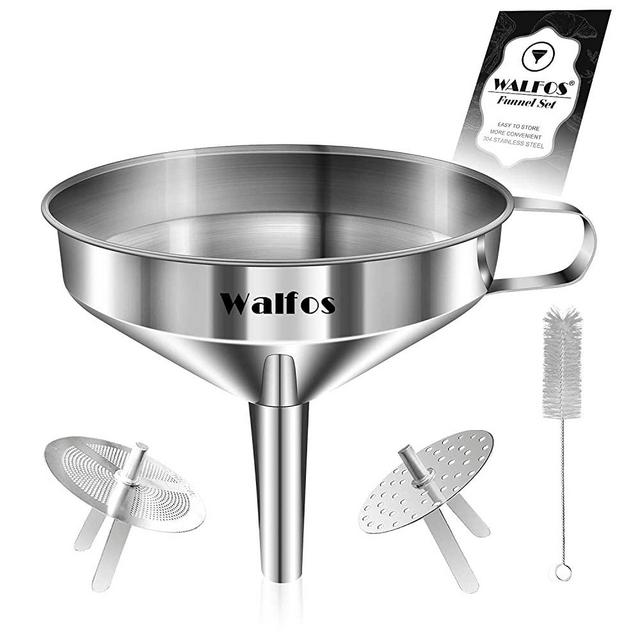 Stainless Steel Funnel, Walfos Kitchen Funnel with 2 Removable Strainer ＆ 1Pc Cleaning Brush, Perfect for Transferring of Liquid, Oils, Jam, Dry Ingredients & Powder (Big, 4.9")