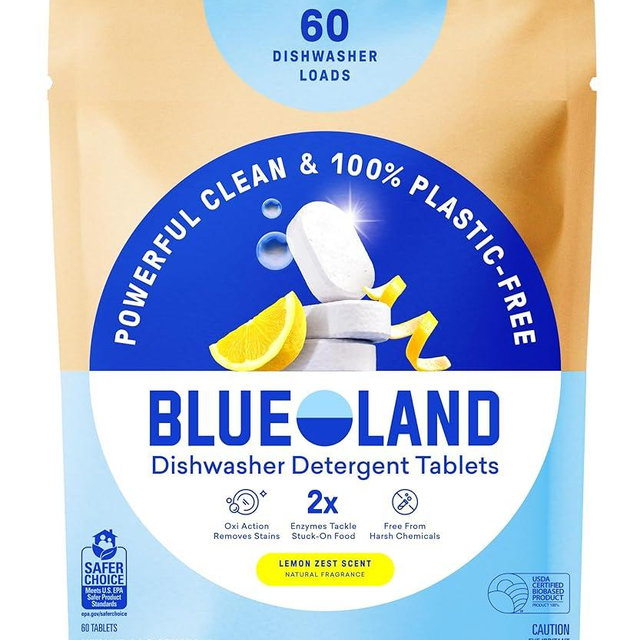 BLUELAND 100% Plastic-Free Dishwasher Detergent Tablets, 60 Count, Lemon Zest Scent, Eco Friendly Dishwashing Pods, Natural, USDA Certified biobased