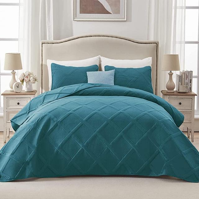 Exclusivo Mezcla Ultrasonic Quilt Set King Size, 3 Pieces Teal King Quilt (104"x96") with 2 Pillow Shams, Lightweight Bedspreads Modern Striped Coverlet Set for All Seasons