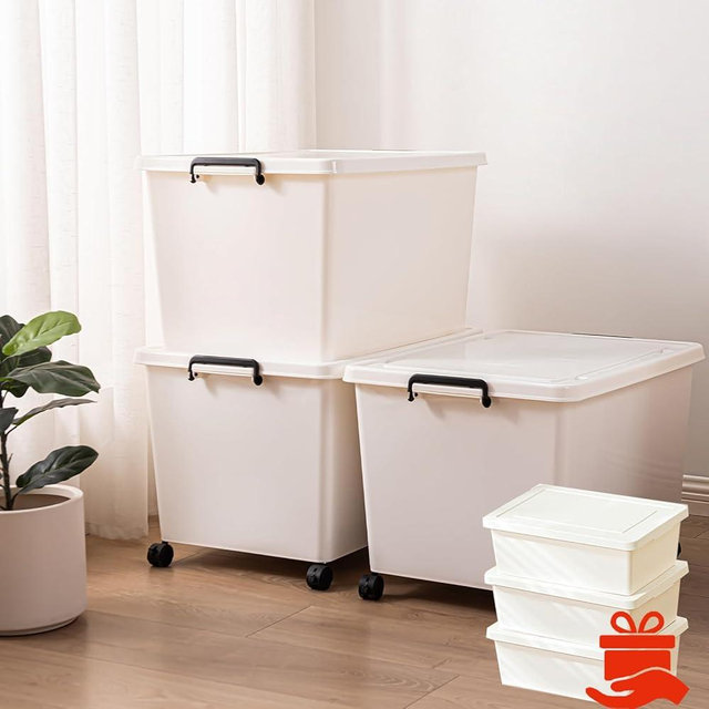 Duufiell 3 Extra Large Storage Bin with 4 Quiet 360° Swivel Casters - 55cm Tall Heavy Duty Organizer with Snap-On Lid, Dust-Proof Moisture-Proof, Stackable Design for Living Room, Bedroom, Study