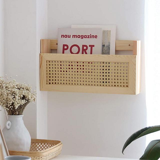 FIRADE Wood Magazine Wall Rack with PE Rattan Grid，Size 17.3" x 4" x 9.4"，File Holder for Entryway, Living Room, Waiting Room, Kids’ Room,Office