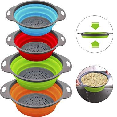 QiMH Collapsible Colander and Strainer Set of 4, 2 PC 4 Quart(1 gal) and 2 PC 2 Quart(0.5 gal), Food-grade Sturdy Plastic Base - Round Space-save Silicone Kitchen Foldable Strainer for Pasta, Veggies