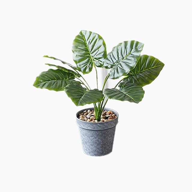 Artificial Palm Plants Leaves,Tropical Leaves Green Potted 11" Tall,UV Resistant No Fade Tabletop Artificial Plants with Gray Plastic Pot for Bathroom,House Decorations(Green-G)