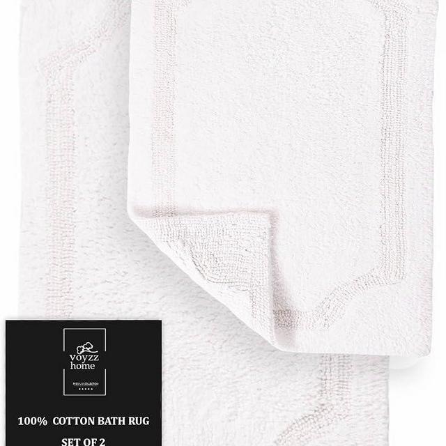 voyzz home Reversible 100% Cotton Bath Mat Set 2 Piece, Soft, Thick, Absorbent and Machine Washable, 17 in x 24 in/20 in x 32 in, White