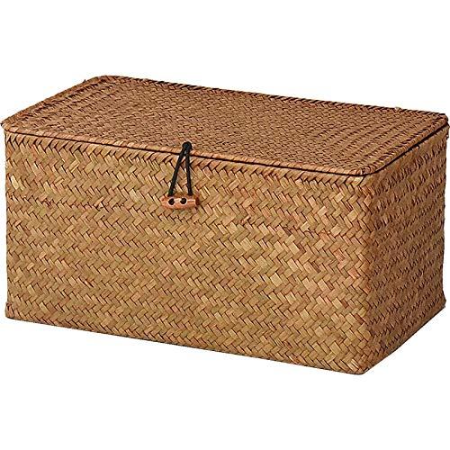 DOKOT Rectangular Handwoven Seagrass Storage Basket with Lid for Shelves and Home Organizer Bin, (M (12"x7"x6"H), Yellow)