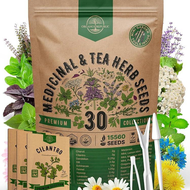 Organo Republic 30 Medicinal & Tea Herb Seeds Variety Pack for Indoor & Outdoors. 15,500+ Non-GMO Heirloom Garden Seeds: Anise, Bergamot, Borage, Cilantro, Chamomile, Dandelion, Rosemary Seeds