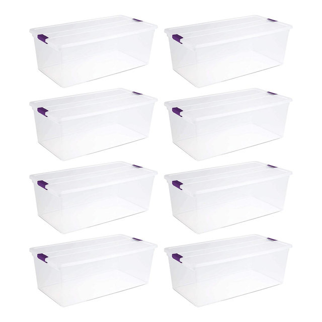 Sterilite 110 Qt ClearView Latch Storage Box, Stackable Bin with Latching Lid, Plastic Container Organize Clothes in Closet, Clear Base, Lid, 8-Pack
