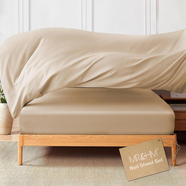 MR&HM King Size Sheets Set, 4-Piece Cooling Sheets, Rayon Derived from Bamboo & Polyester Blend, Soft & Silky, 15" Deep Pockets with Elastic Straps, Hotel Luxury for Hot Sleepers, Beige