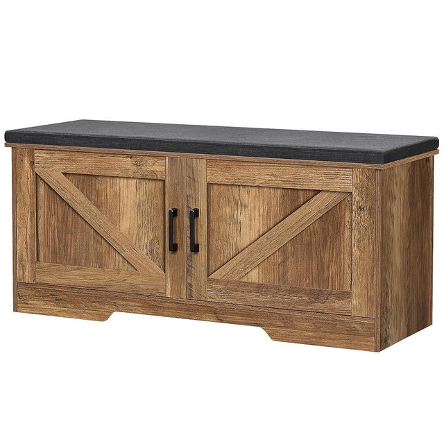 HOMSHO 2-Tier Storage Bench, Shoe Bench with Padded Seat Cushion, Entryway Bench with 2 Barn Doors, Adjustable Shelf, 13.8" D x 39.4" W x 17.7" H, for Entryway, Living Room, Bedroom, Rustic Walnut