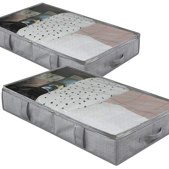 Onlyeasy Breathable Under Bed Storage Bags with 4 Reinforced Handles and Sturdy Side Wall, 2 Pack Eco-friendly Underbed Clothing Blankets Organizer with 2 Strong Zippers, Herringbone Grey, MXRUBBSS2P