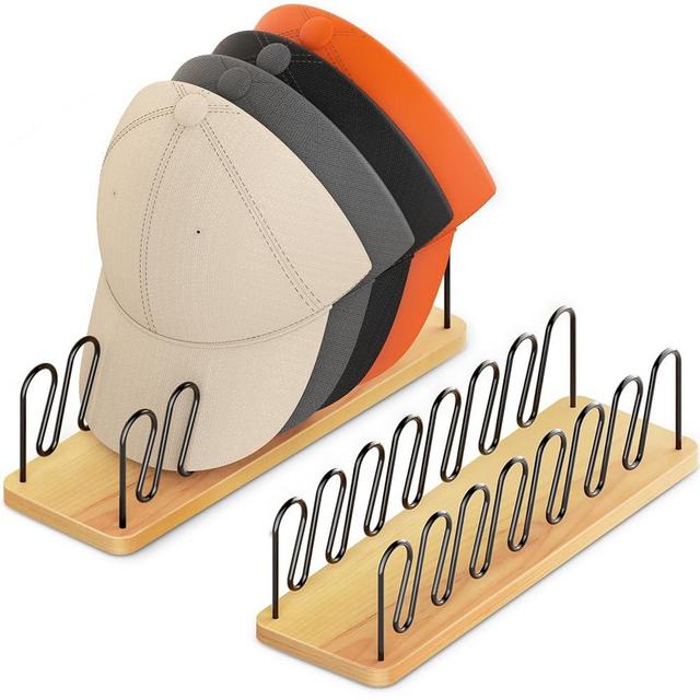 UdoUto 2 Pack Hat Organizer for Baseball Caps | Wood & Metal Hat Rack Holds 14 Caps | Space-Saving Closet Shelf Organizer for Bedroom, Dresser, Entryway