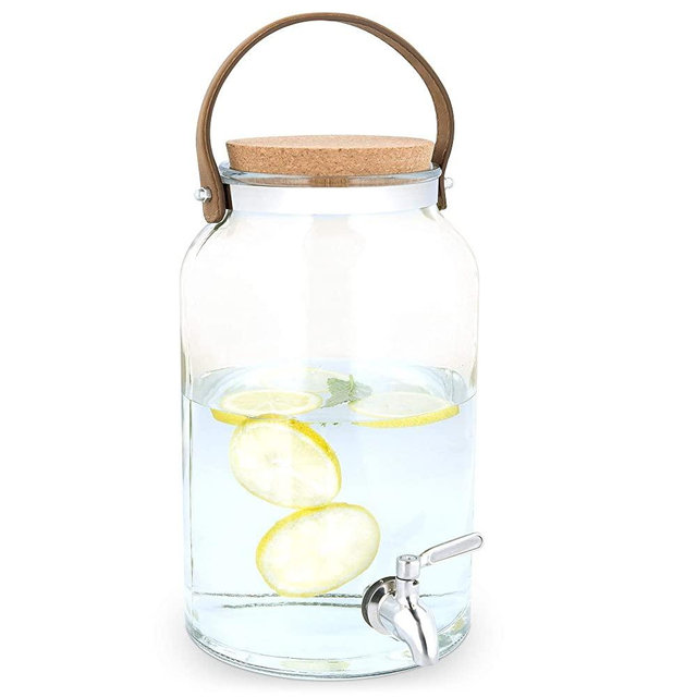 Navaris Beverage Dispenser with Spigot - 1.5 Gallon (5.6L) Glass Drink Jar with Metal Tap, Cork Lid, Handle - For Cold Drinks, Water, Parties