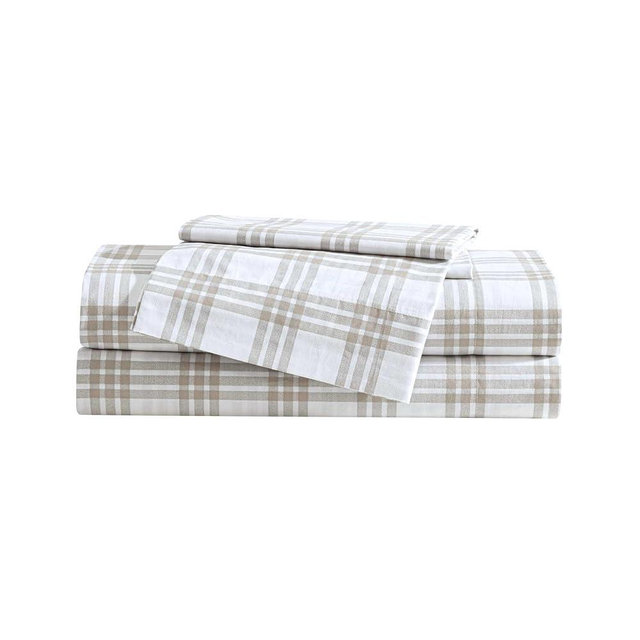 Eddie Bauer - Queen Sheet Set, Cotton Percale Bedding Set, Super Soft and Bedding Set, Oeko-Tex Certified (Basic Plaid Beige, Queen)