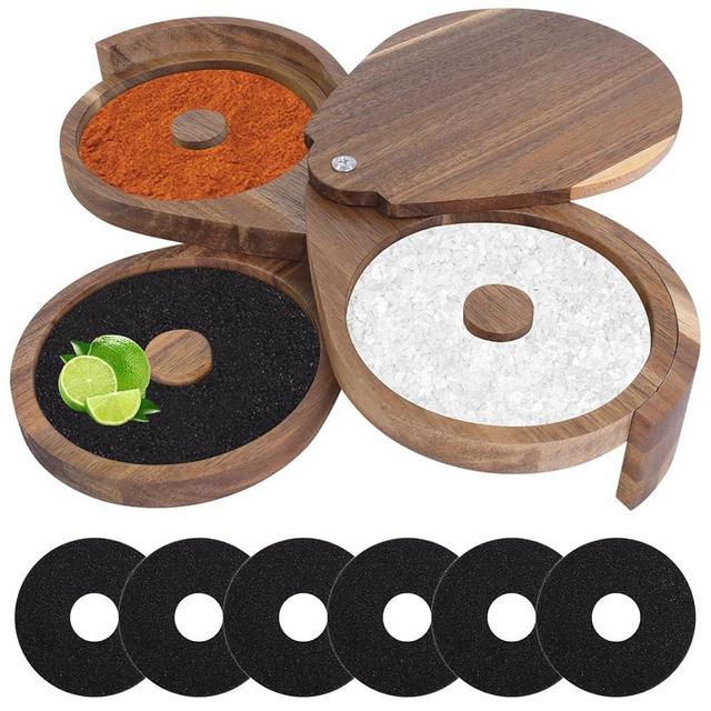 Margarita Salt Rimmer Set 3-Tier Acacia Wood Bar Glass Rimmer with Lid & 6 Sponges Perfect for Margaritas, Bloody Marys, Manhattans Ideal for Home Bars & Parties Brown