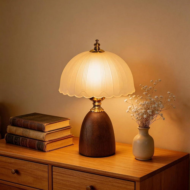 AUGsea Mid-Century Modern Mushroom Table Lamp, Vintage Scalloped Frosted Glass Bedside Lamp for Bedroom Living Room, Solid Walnut Wood Base 3-Color Dimmable LED, Aesthetic Decor Gift