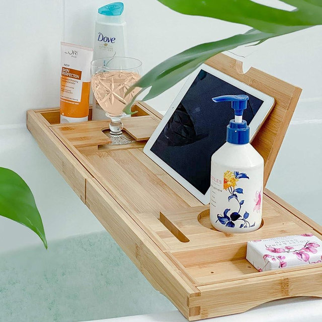 DeepCalm Bathtub Tray Caddy - Bamboo Expandable Bath Tub Table, Bath Tray Holds All Bathtub Accessories, Perfect Luxury Relaxing Gift for Self Care