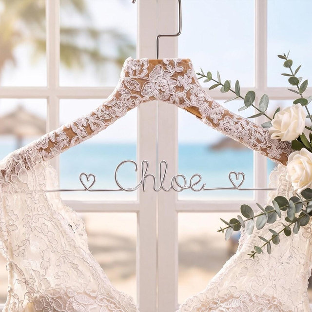 Wedding Dress Name Hanger - Custom Engraved Wood & Wire Bridal Party Gift with Bow