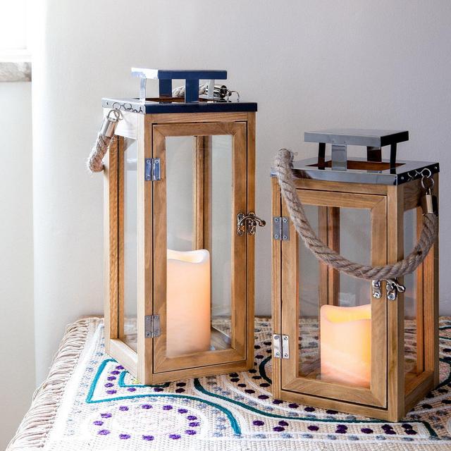 Lights4fun, Inc. Large Wooden Battery Operated LED Flameless Candle Lantern for Indoor and Outdoor Use