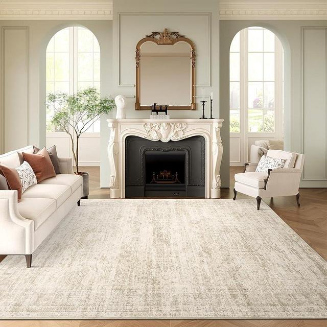 Soalmost 10x14 Area Rugs for Living Room, Non Slip Machine Washable Vintage Rugs, Low Pile Lightweight Large Rug for Bedroom, Dining Room, Home Office Beige