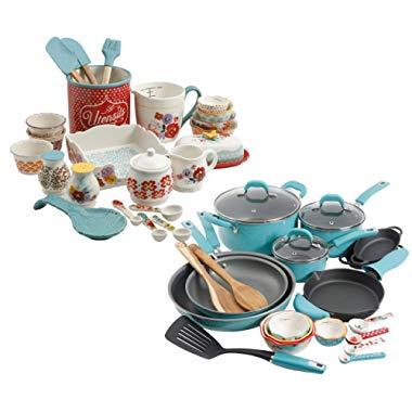 The Pioneer Woman Vintage Speckle 24-Piece Cookware Combo Set in Turquoise bundle with Copper Charm Stainless Steel Copper Bottom Cookware Set, 10 Piece