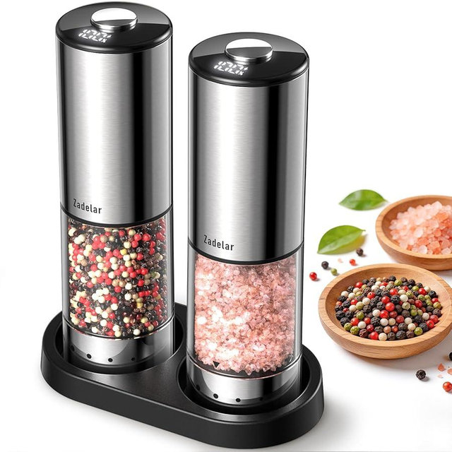 Rechargeable Electric salt and pepper grinder set with Storage Base,Automatic Refillable Salt and Pepper Shakers with LED Display,Upgraded Large Capacity,External Adjustable Coarseness for Mom Gifts