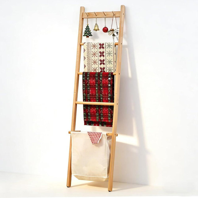 yaochuforest Beech Wood Blanket Ladder, 5.3ft Natural Farmhouse Quilt Holder with Top Hooks, 4-Bar Decorative Throw Rack, Towel Shelf for Living Room, Bedroom, Small Space Storage (Natural Cloth Bag)