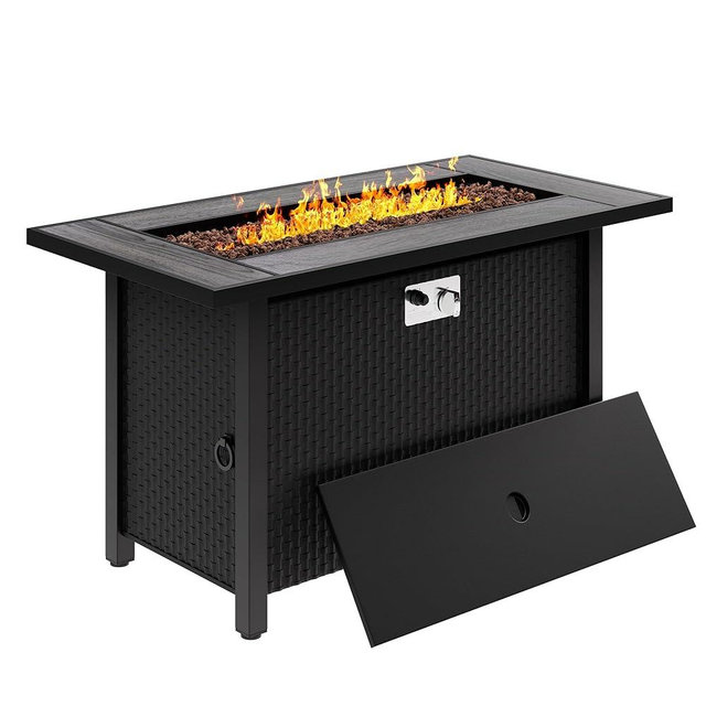Meilocar 45in Fire Table, Propane Fire Pit with Red Lava Rocks and Rain Cover, Outdoor Firepit Table with Tile Top 50000 BTU 2-in-1 Fire Table for Patio/Yard/Balcony, Gray Tabletop