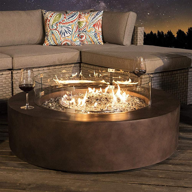 COSIEST Outdoor Propane Fire Pit Coffee Table w Dark Bronze 42-inch Round Base Patio Heater, 50,000 BTU Stainless Steel Burner, Wind Guard, Transparent Gray Fire Glass, Waterproof Cover