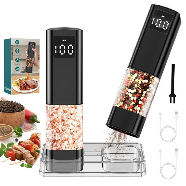 Electric Salt and Pepper Grinder Set, Rechargeable Electric Pepper Grinder with LED Display, Adjustable Coarseness, Large Capacity Refillable Salt and Pepper Shakers, Ideal for Kitchen, BBQ, Gift