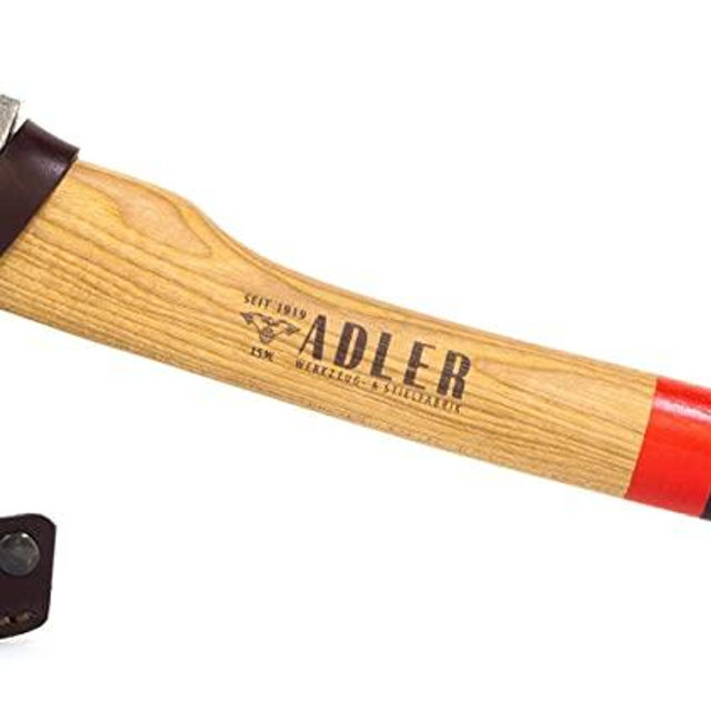 Adler Rheinland Hatchet - German Made with a 15 inch Handle Coated in Anti-Slip Black Grip Paint - 1.35 Pound Head Weight. Spanish Leather Sheath and Cotton Storage Bag Included