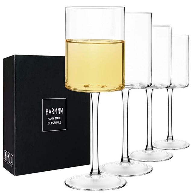 Red or White Wine Square Glasses With Stem set of 4 - 14oz Crystal Unique Modern Design - Large Long Stem wine glass Hand made 100% Lead-free glass - Entertaining Drinkware