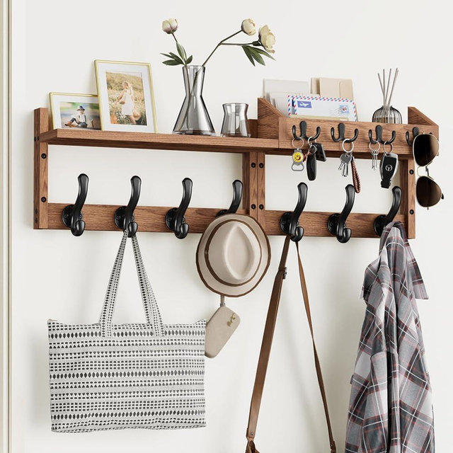 Tatub 29" Coat Rack Wall Mount with Shelf, 4 in 1 Entryway Key Holder with 7 Coat Hooks 4 Key Hangers Mail Organizer, Wood Wall Shelf for Living Room, Bedroom, Bathroom