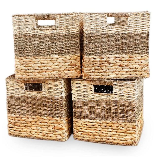 CHI AN HOME 11.8 x 11.8 Wicker Storage Cubes for IKEA Kallax, Hyacinth Storage Baskets for Shelves, Foldable Rattan Square Basket Bins, Closet Shelf Organizer Cubbies with Handles, Pack 4