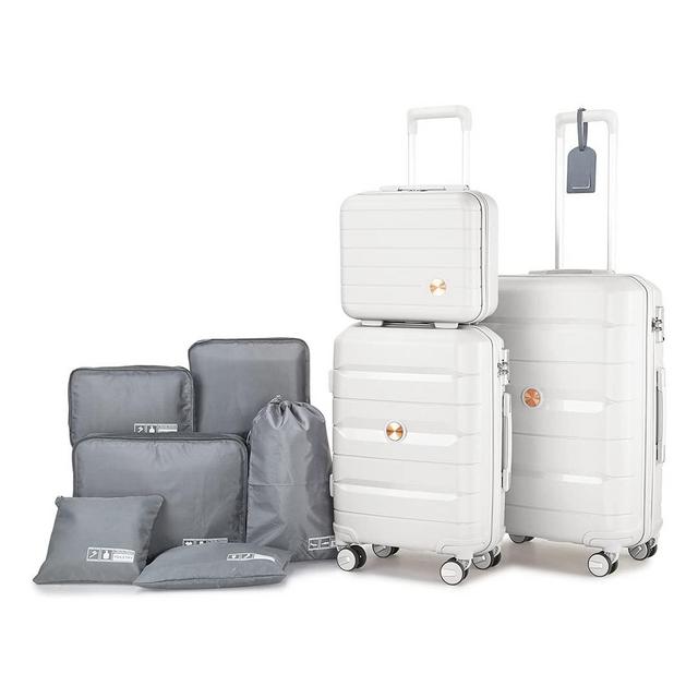 Somago Luggage Sets 3 Piece Hard Shell Polypropylene Suitcase with TSA Lock Spinner Carry On Luggage with Beauty Case Set and 6 Set Packing Cubes for Travel (Creamy White)