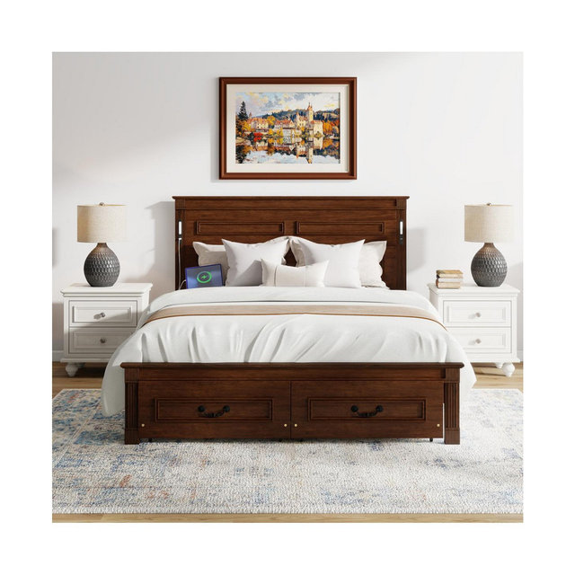 Streamdale Furniture LED Storage Bed w/USB, Walnut Pinewood Frame