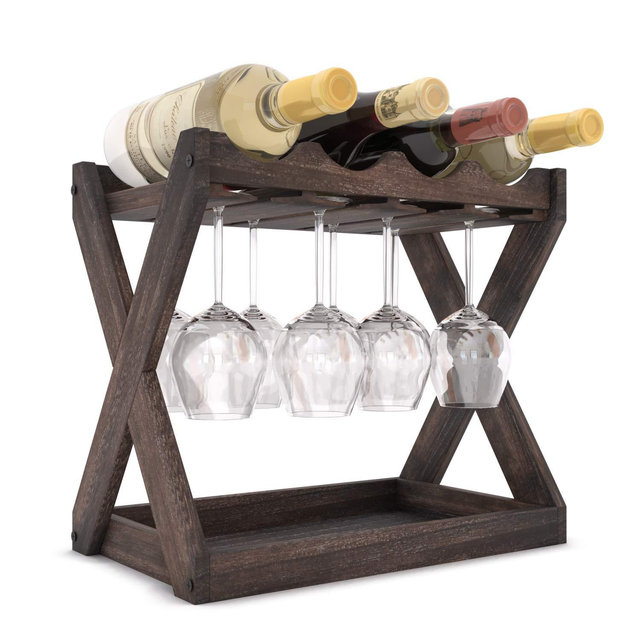 Rustic State Cava Solid Wood Wine and Glass Rack Table Top Bottle Holder Walnut