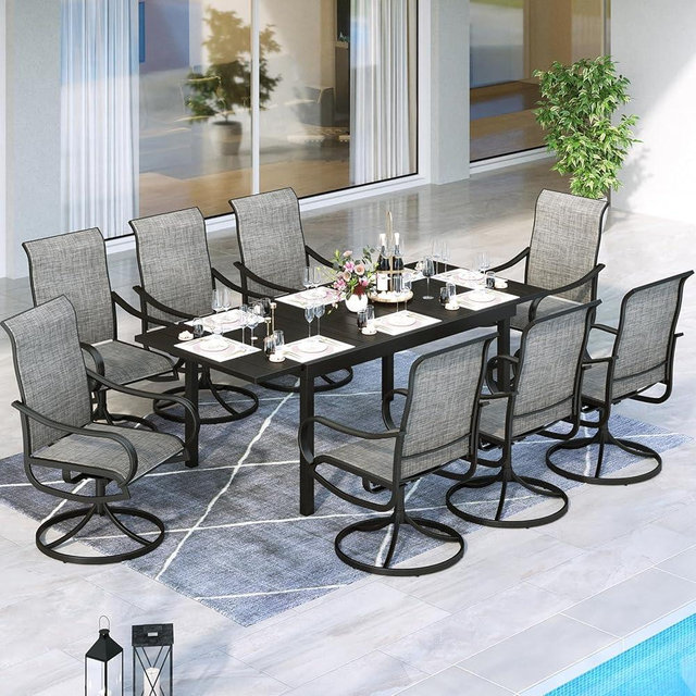MFSTUDIO 9 Piece Outdoor Patio Dining Furniture Set 8 Sling Swivel Dining Chairs and 1 Expandable Outdoor Dining Table