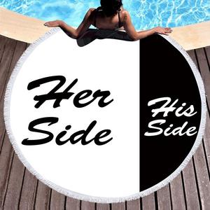 Sleepwish Black and White Beach Towel with Fringe Funny Her Side His Side Circle Beach Blanket Romantic Roundie Couple Tapestry (Humor, 60&quot;)