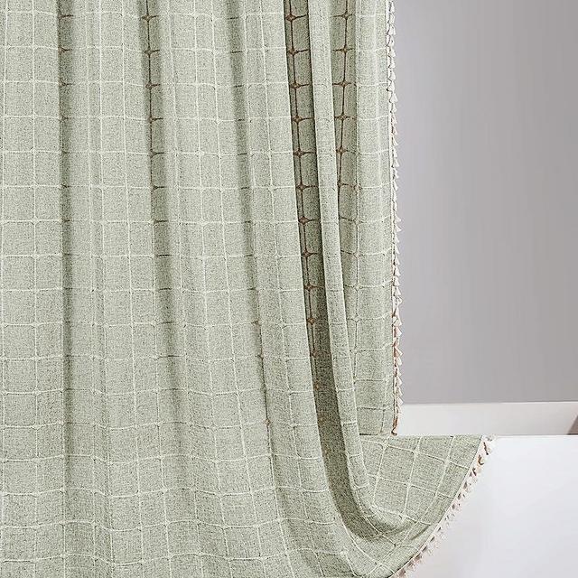 YoKii Boho Tassel Cotton Linen Shower Curtain in Light Green 72x72, Ultra Thick Modern Farmhouse Cottage French Country Bathroom Shower Curtains Set