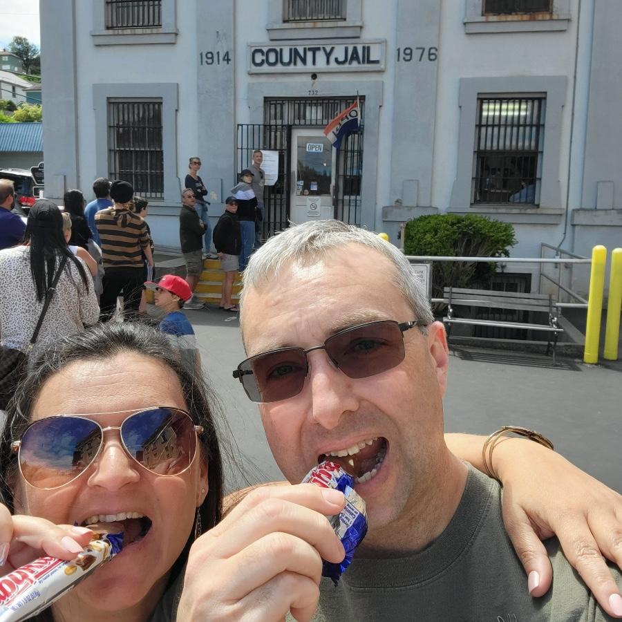 Chowing on Baby Ruths outside of the Goonies jail