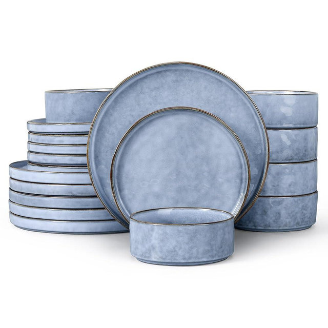 LIANYU 18 Pcs Dinnerware Sets for 6, Plates and Bowls Dinner Set, Stoneware Dish Tableware for Dessert Salad Pasta, Microwave & Dishwasher Safe, Serenity Blue
